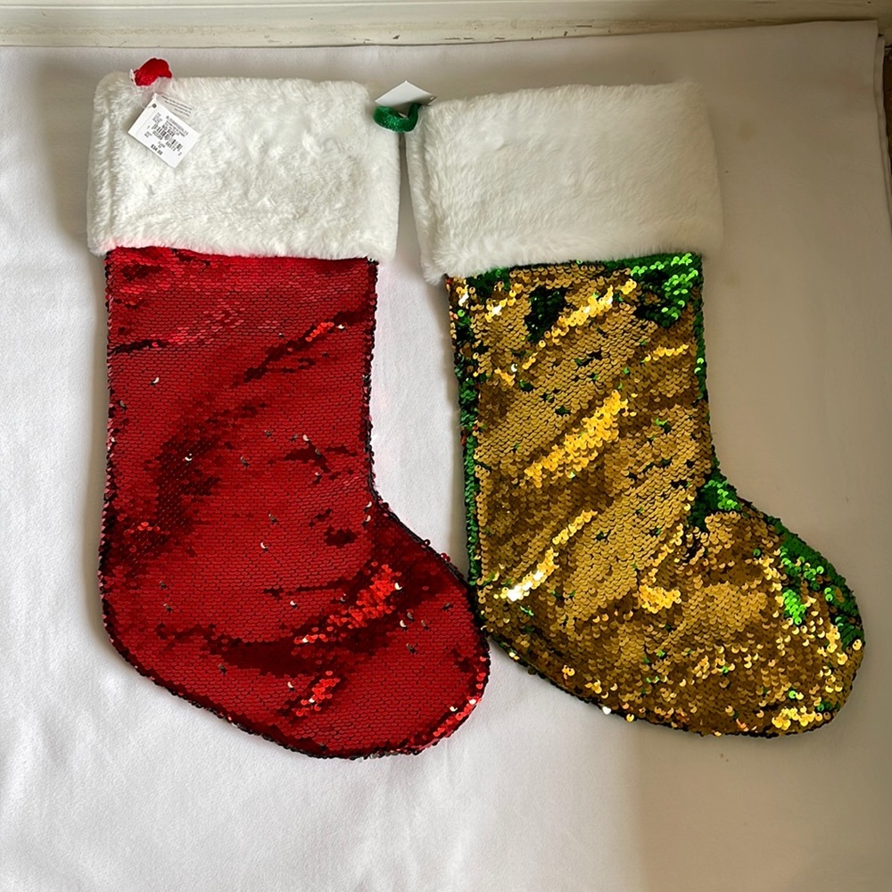 Bloomingdales Holiday Christmas Stockings Set of 2 Green /Gold & Red /Silver